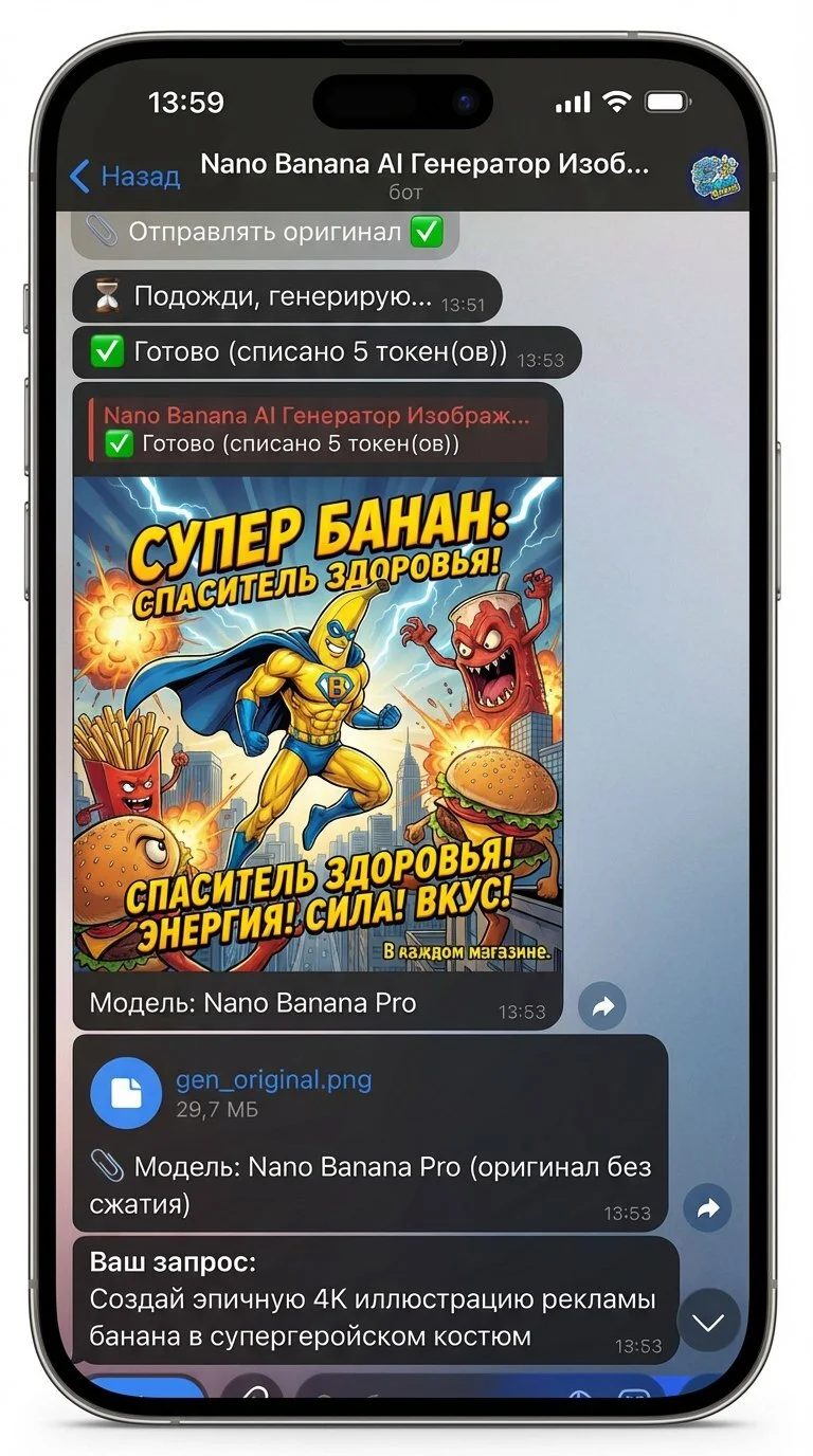 Генерация фото AI Nano Banana в Telegram — пример создания изображения